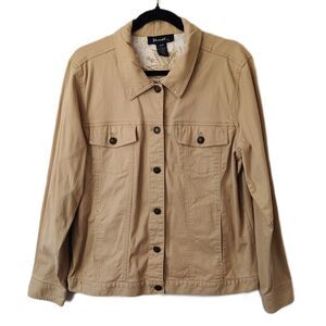 DENIM & CO. Tan Button-Up Large Women's Waist Length Jean Jacket Long Sleeve
